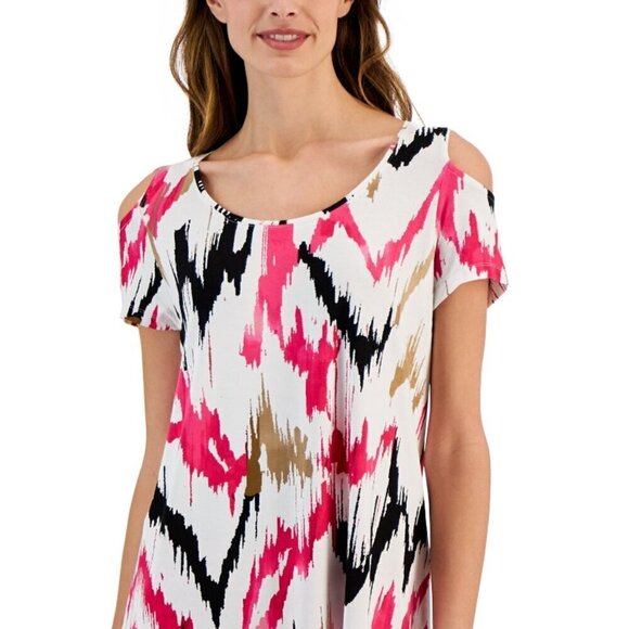 JM Collection Petite Medium Cold-Shoulder Pink, White & Black Printed Top NWT - Picture 2 of 6